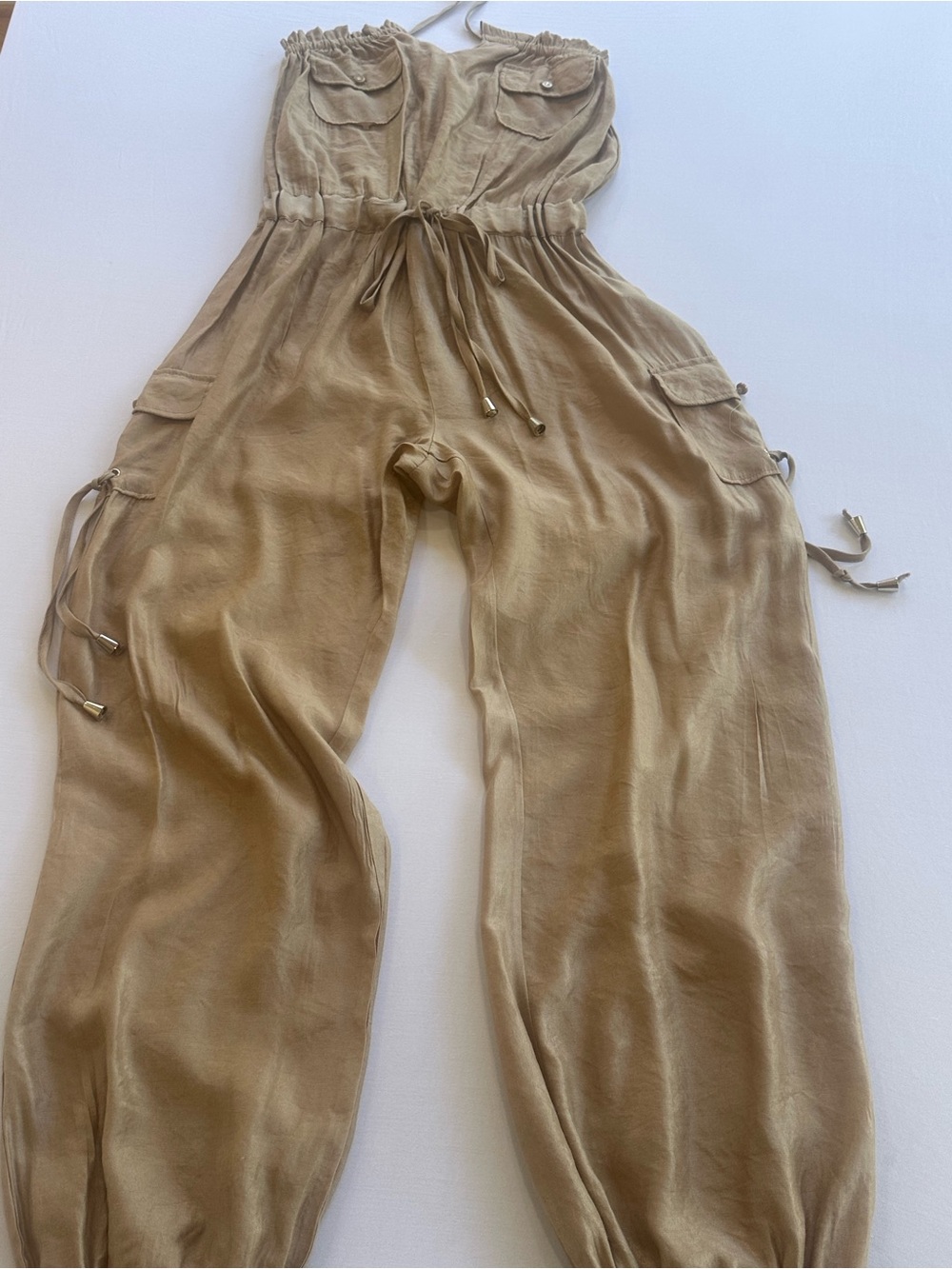 Strapless Utility Jumpsuit in Metallic Taupe